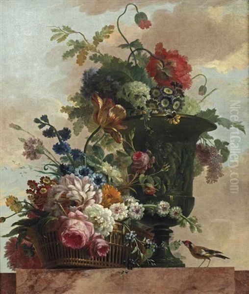 A Wicker Basket With Roses, Peonies And Tulips And Other Flowers In A Sculptured Vase, With A Bird On A Marble Ledge Oil Painting by Willem van Leen