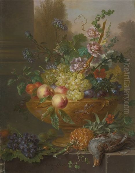 An Urn Filled With Flowers, Grapes, Peaches, Plums And Apricots, A Pineapple And A Pigeon In The Foreground Oil Painting by Willem van Leen