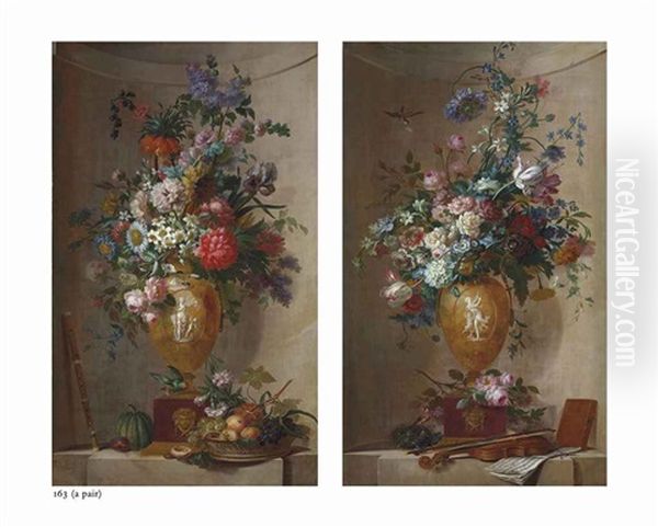 Roses, Mums, Lilac, A Sunflower, An Iris And Other Flowers In A Sculpted Vase, A Basket Of Peaches; Tulips, Roses, Narcissi, Morning Glory (pair) Oil Painting by Willem van Leen