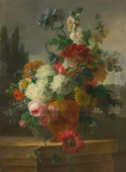 Still Life Of Flowers In A Vase Resting On A Stone Ledge, A Landscape In The Background Oil Painting by Willem van Leen