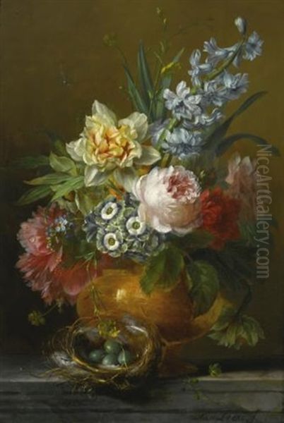 A Still Life With Roses, Hyacinths, Auricula, Pink Peonies, Forget-me-nots And Buttercups In A Stone Vase, On A Stone Ledge Together With A Dunnock's Nest And A Dragonfly Oil Painting by Willem van Leen