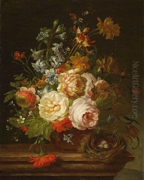 Groses Blumenstillleben Mit Einem Vogelnest Oil Painting by Willem van Leen