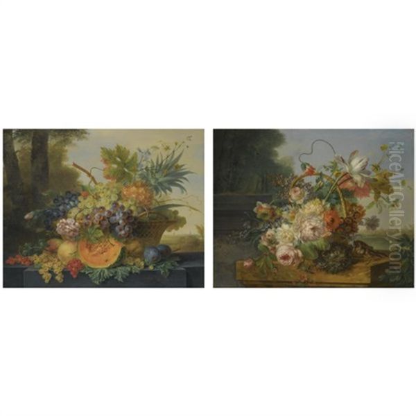 Still Life With A Basket Of Flowers, A Bird's Nest And A Songbird (+ Still Life With A Basket Of Fruit On A Ledge Before A Landscape; Pair) Oil Painting by Willem van Leen