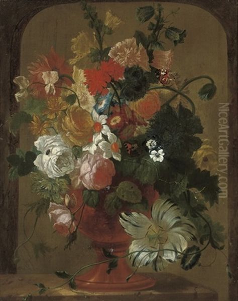 Roses, Hollyhocks, Narcissi, Carnations, Camelias, Pansies, A Tulip And Other Flowers In An Urn, In A Casement, With Red Admiral Butterflies Oil Painting by Willem van Leen