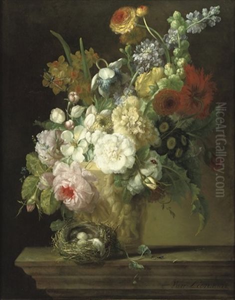 Roses, Chrysanthemums, Anemonies And Other Flowers In A Sculpted Vase With A Bird's Nest On A Stone Ledge Oil Painting by Willem van Leen