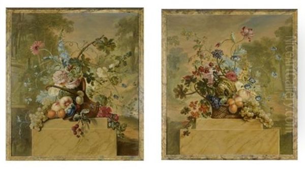 Still Lifes Of Fruit And Flowers In Baskets On Marble Socles, In A Landscape Setting (pair) Oil Painting by Willem van Leen