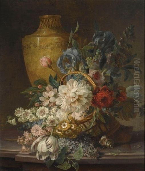 A Still Life With Roses, A Tulip, Forget-me-nots, Hyacinths, Irises And Other Flowers In A Reed Basket, Together With A Stone Urn And A Shell, All On A Stone Ledge Oil Painting by Willem van Leen