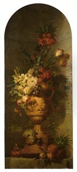 An Elaborate Still Life With Lilies, Tulips, Roses, Morning Glory, Auricula, Hyacinths, An Imperial Crown And Other Flowers In A Terracotta Vase, Together With Grapes, A Pineapple, A Peach... Oil Painting by Willem van Leen