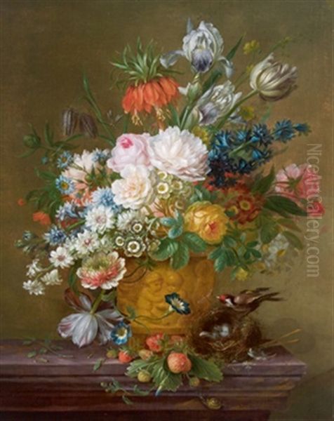 Ein Blumenstraus Mit Tulpen, Rosen, Wicken, Pfingstrose, Kaiserkrone In Einer Figural Geschmuckten Vase Sowie Erdbeeren Und Einem Vogelnest Mit Einem Stieglitz Oil Painting by Willem van Leen