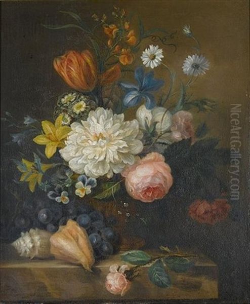 Roses, A Tulip, Violets, An Iris And Other Flowers In A Bronze Urn With A Rose, Conch Shells And Grapes On A Stone Ledge Oil Painting by Willem van Leen