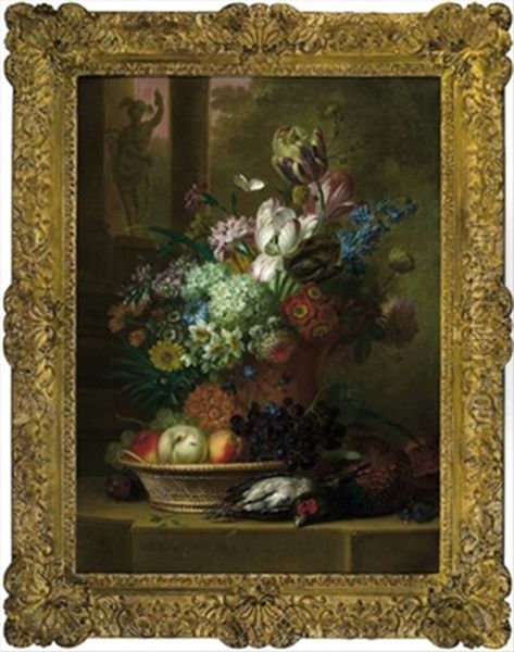 Ein Blumenstraus Mit Tulpen, Schneeballen, Einer Rose Und Anderen Bluten In Einer Vase, Davor Ein Korb Mit Pfirsichen Und Weintrauben Oil Painting by Willem van Leen