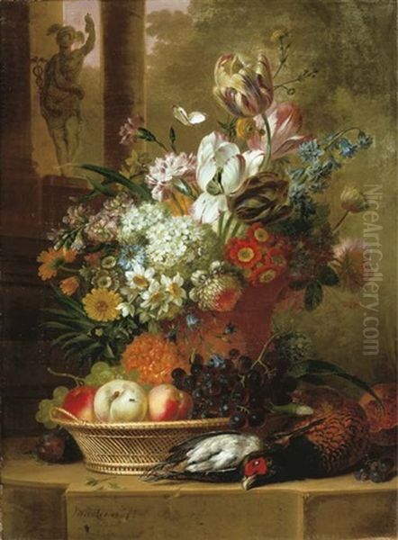 Flowers, Fruit And Dead Game On A Stone Ledge With A Sculpture Of Mercury Beyond Oil Painting by Willem van Leen