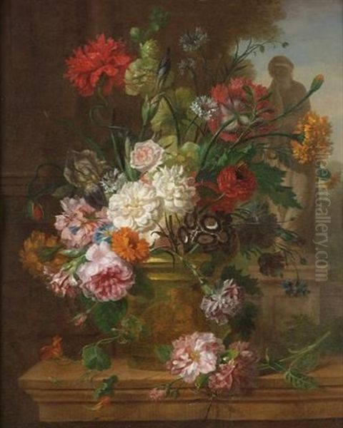 Chrysanthemums, Carnations, Roses, Morning Glory And Other Flowers In A Stone Urn On A Stone Ledge, A Classical Statue Beyond Oil Painting by Willem van Leen