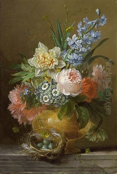 A Still Life With Roses, Hyacinths, Auricula, Forget-me-nots, A Poppy Anemone, Pink Peonies And Buttercups In A Stone Vase, All On A Stone Ledge Together With A Dunnock's Nest And A Dragon-fly Oil Painting by Willem van Leen