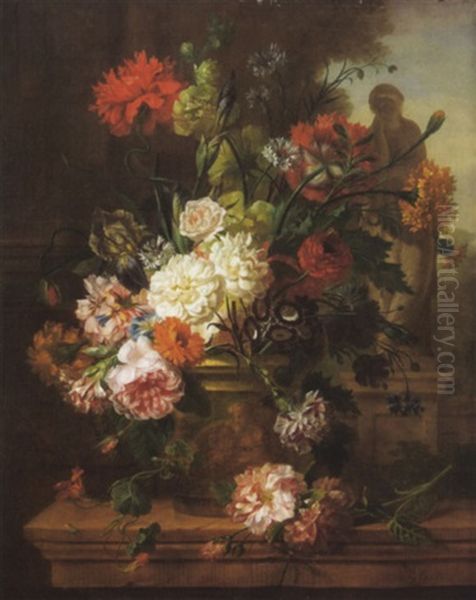 Blumenstuck In Steinvase Vor Parkausblick Oil Painting by Willem van Leen