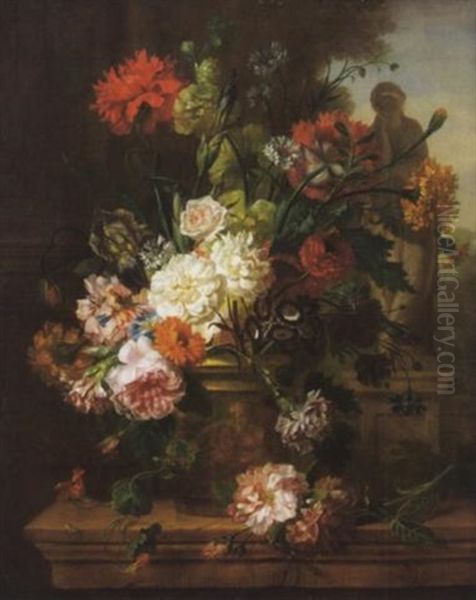 Blumenstuck In Steinvase Vor Parkausblick Oil Painting by Willem van Leen