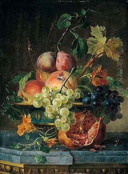 Still Life With Grapes, Peaches, Plums And Nasturtiums In An Ornate Bowl, With A Snail On A Stone Ledge Oil Painting by Willem van Leen