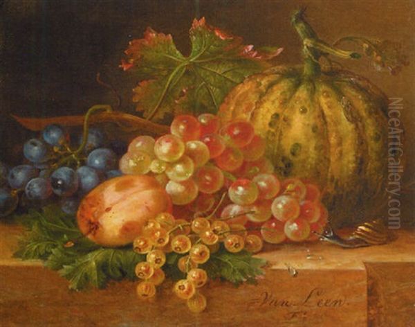 A Melon, Bunches Of Grapes, A Peach And Gooseberries On A Marble Ledge Oil Painting by Willem van Leen