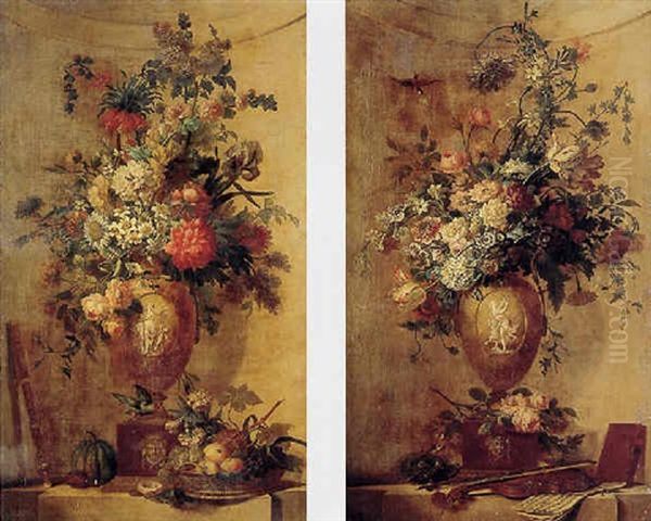 An Elaborate Still Life Of Flowers In An Urn, With A Basket Of Fruit, All Resting On A Ledge Oil Painting by Willem van Leen