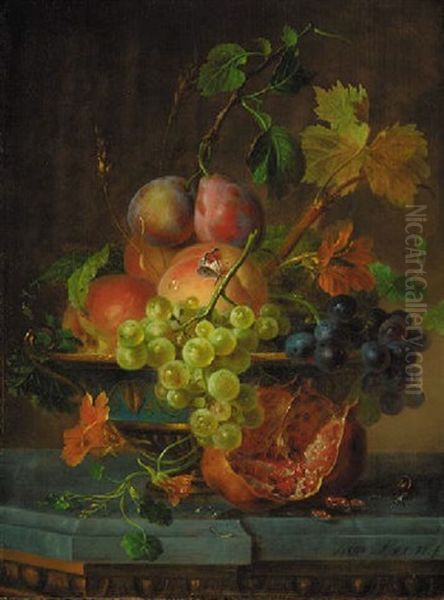 Grapes On The Vine, Peaches, Plums And Nsturtiums In An Ornate Urn, With A Butterfly, A Pomegranate And A Snail On A Marble Ledge Oil Painting by Willem van Leen