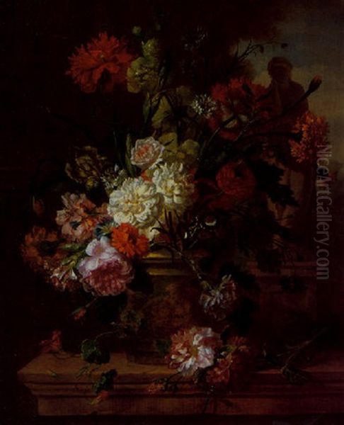 A Still Life Of Flowers In A Vase Decorated With A Relief, A Dragonfly, A Garden Statue And Parkland Landscape Beyond Oil Painting by Willem van Leen