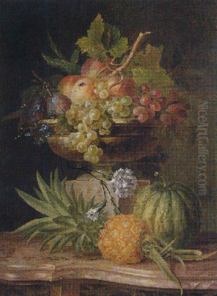 Still Life Of Peaches, Grapes And Plums In A Sculpted Urn On A Pedestal, With A Pineapple And Melon Oil Painting by Willem van Leen