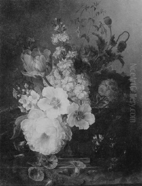 A Still Life Of Flowers On A Blue Glass Vase Beside A Bird's Nest On A Stone Ledge Oil Painting by Willem van Leen