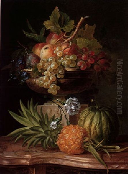 Still Life Of Peaches, Grapes And Plums In A Sculpted Urn. With A Pineapple And Melon Resting On A Marble Topped Commode Oil Painting by Willem van Leen