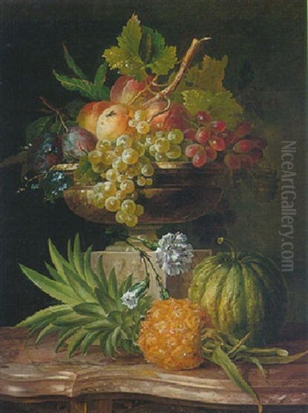 Still Life Of Peaches, Grapes, Plums In A Sculpted Urn And Other Fruit On A Marble-topped Commode Oil Painting by Willem van Leen