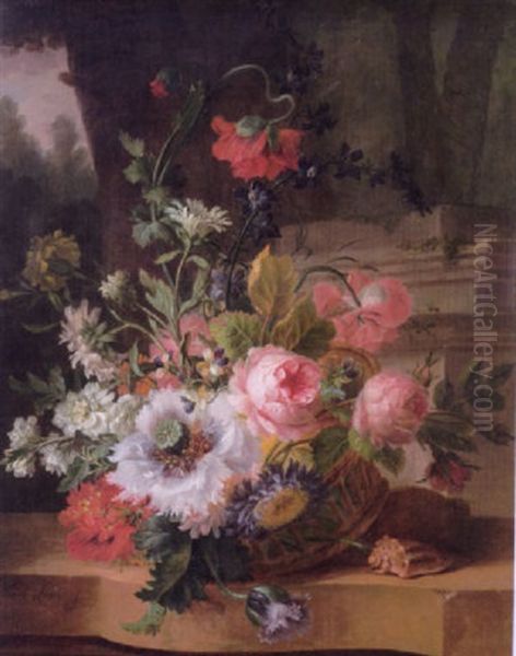 Still Life Of Poppies, Roses, Violets And Other Flowers In A Basket With A Shell On A Stone Ledge Oil Painting by Willem van Leen