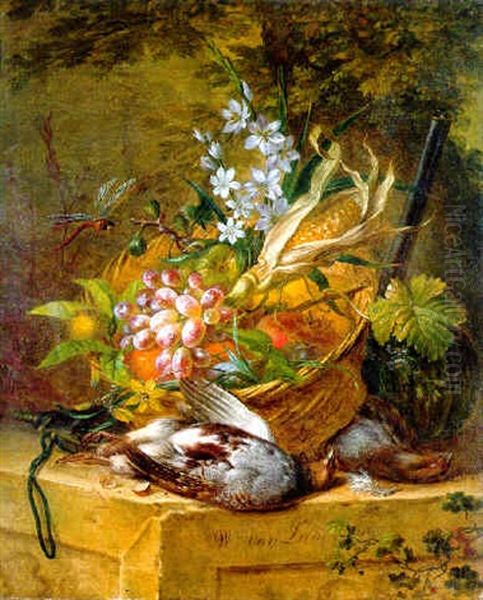 Corn, A Sprig Of Flowers, Grapes And Other Fruit In A Basket On A Stone Ledge With A Gun, A Brace Of Partridge And A Pouch Nearby And A Dragonfly Hovering Above Oil Painting by Willem van Leen