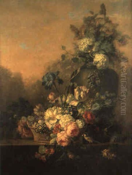 Bouquet De Fleurs Dans Une Corbeille D'osier Dans Un Paysage Oil Painting by Willem van Leen