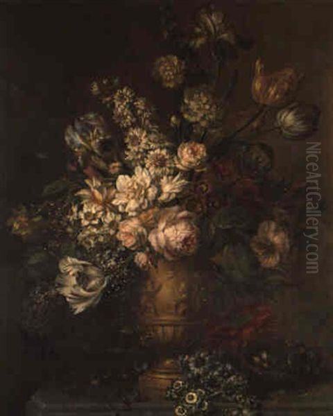 Still Life Of Mixed Flowers In A Vase And A Bird's Nest On A Marble Ledge Oil Painting by Willem van Leen