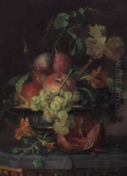 Peaches, Plums And Grapes In A Vase With A Pomegranate...on A Ledge Oil Painting by Willem van Leen