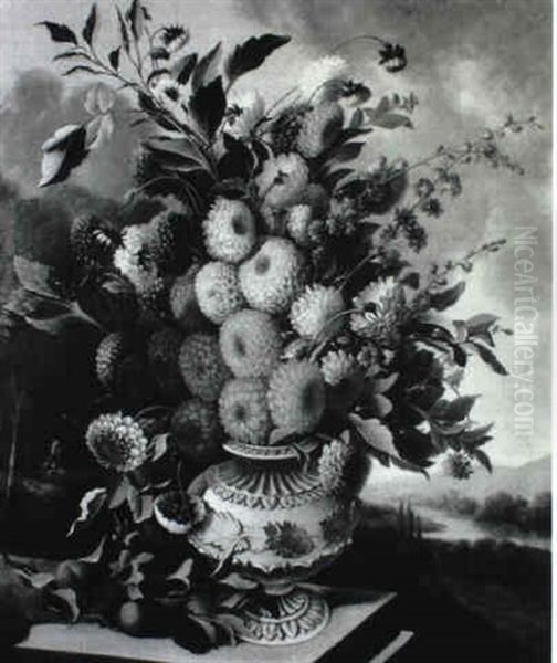 Peonies And Cornflowers In An Urn On A Ledge Oil Painting by Willem van Leen