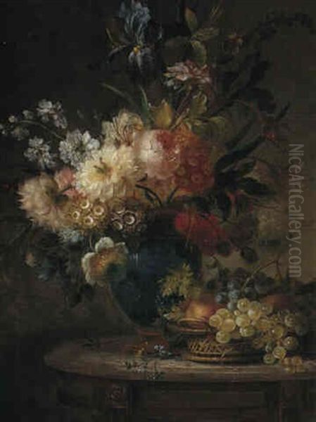 Still Life Of Flowers And Fruit On A Table Oil Painting by Willem van Leen