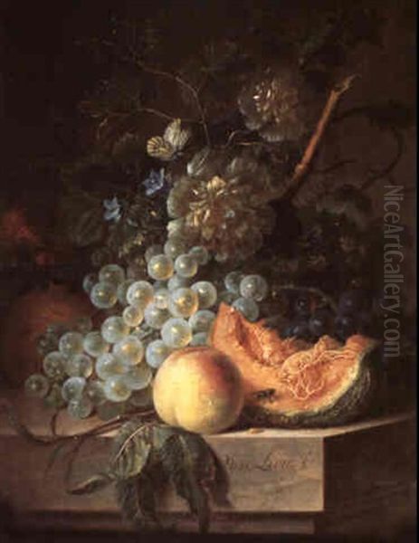 Floral Still Life With A Melon, A Peach, A Pomegranate, And Grapes On A Ledge, A Butterfly Above Oil Painting by Willem van Leen