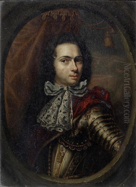 Portrait Of A Gentleman, Half-length, In Armour, Within A Painted Oval Oil Painting by Pieter Leermans