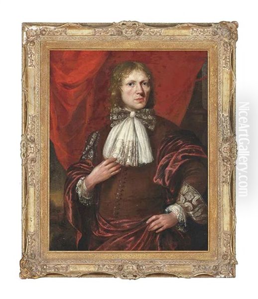 Portrait Of A Gentleman, Half-length, In A Brown Coat With A Crimson Wrap Oil Painting by Pieter Leermans