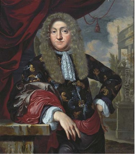 Portrait Of A Gentleman Standing On A Balcony In A Satin Brocade Japansche Rok, Lace Jabot And Wig Oil Painting by Pieter Leermans