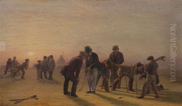 A Summer Evening On The Musselburgh Links: Golfers Oil Painting by Charles Lees