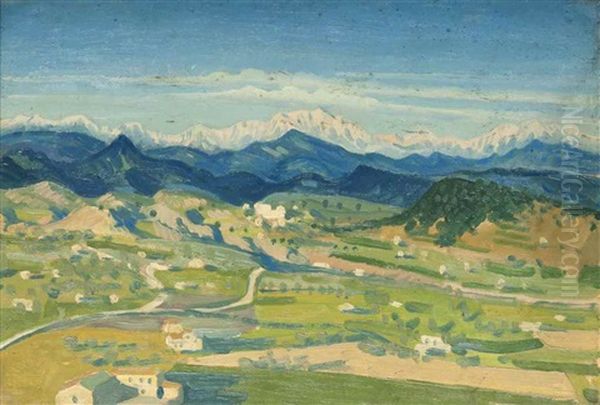 Italian Landscape With The Alps Beyond Oil Painting by Derwent Lees