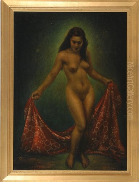 A Young Woman Lowers A Shawl To Reveal Her Nude Figure Oil Painting by Edgar (Edward) Leeteg