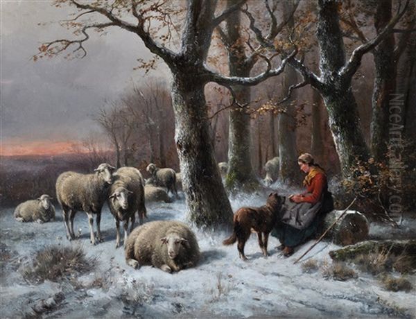 A Shepherdess Tending Her Flock Among Trees In Winter Oil Painting by Alexis de Leeuw