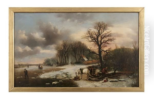 Figures Skating By A Lakeside Encampment Oil Painting by Alexis de Leeuw