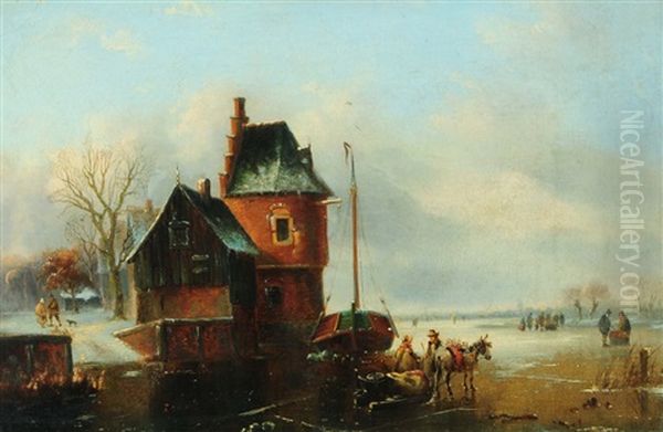 A Frozen River Landscape With Brick Tower And Figures Oil Painting by Alexis de Leeuw