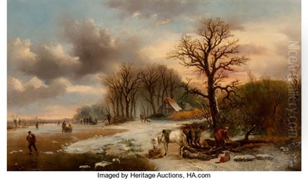 Winter Scene With Figures And Frozen River Oil Painting by Alexis de Leeuw