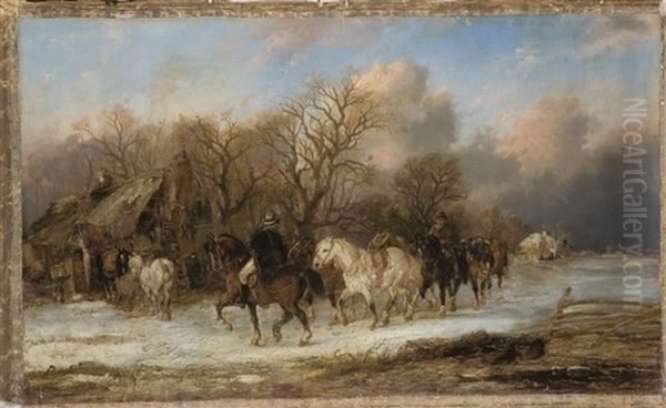 Cavaliers Dans Un Paysage Enneige Oil Painting by Alexis de Leeuw