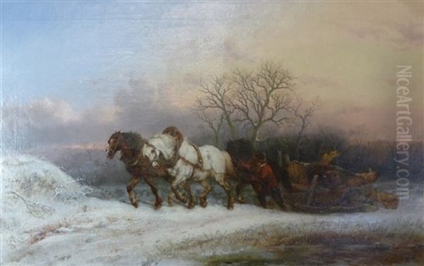 A Winter Landscape With A Horse Drawn Timber Sledge Oil Painting by Alexis de Leeuw