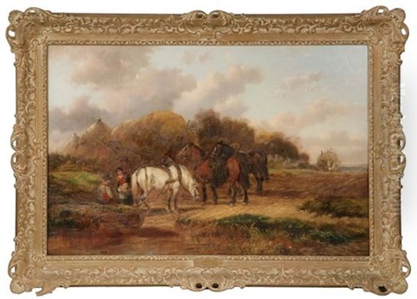 Resting The Horses While Haying Oil Painting by Alexis de Leeuw